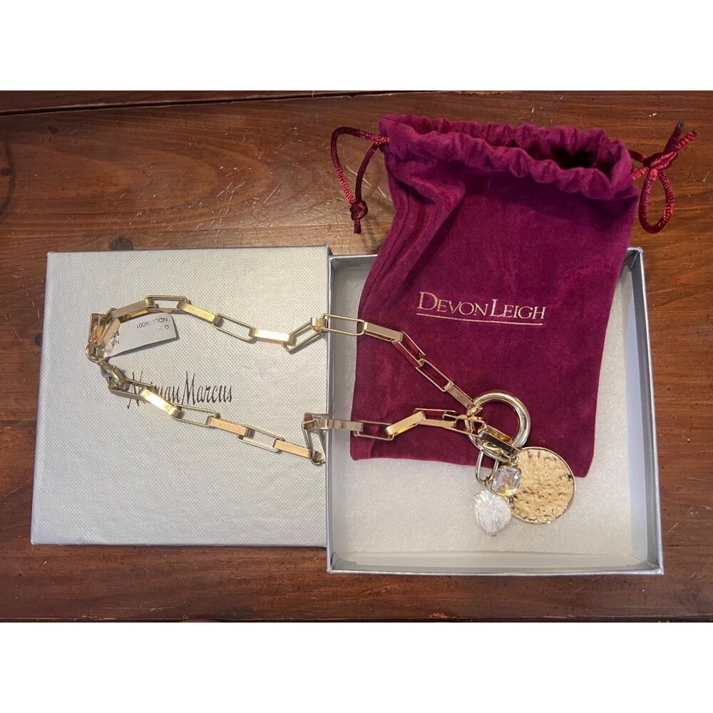 Devon Leigh gold link multi-charm necklace, mother of pearl, coin charms NWT